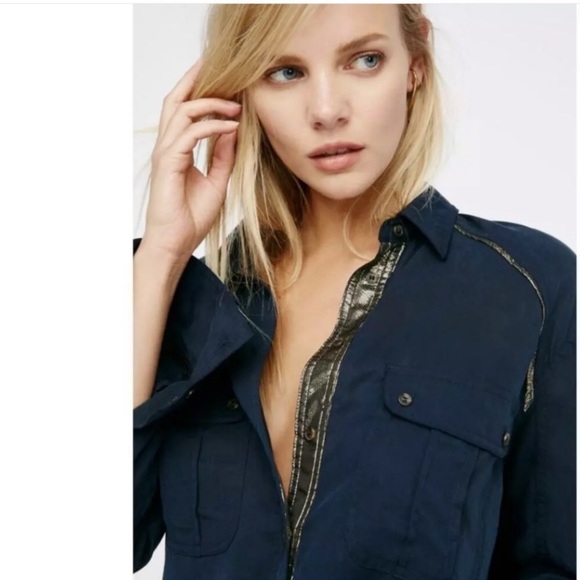 Free People Campus Button Down Navy Blue Top - Picture 2 of 9